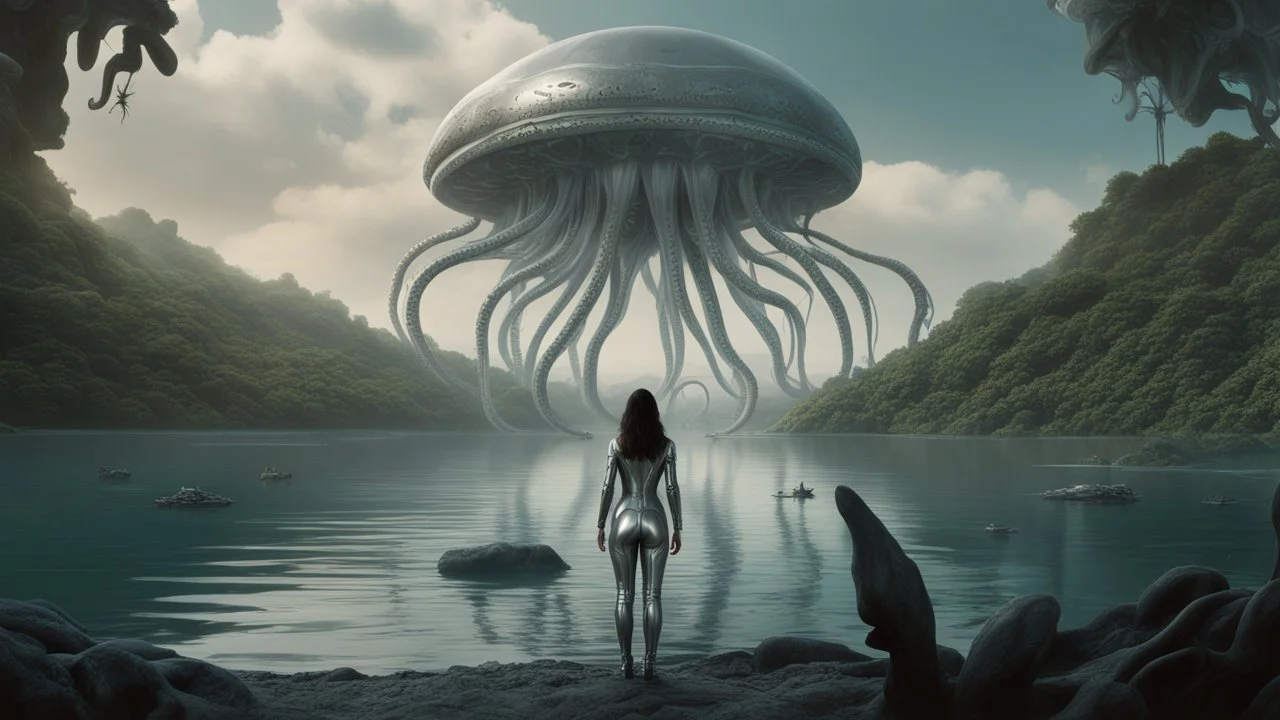 Detailed matte painting of a wide-angle shot of a woman, standing on the left side of the shot, with dark hair in a silver robotic catsuit, many large floating jellyfish with octopus tentacles, alien jungle trees in the distance, with an alien beach and lake