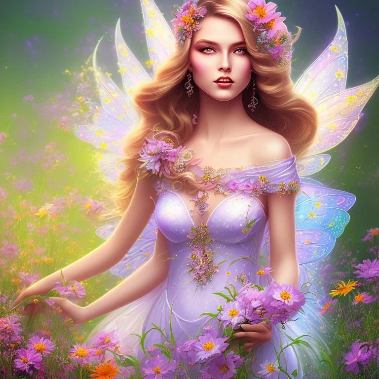 bright fairy, beautiful portrait, flowery landscape