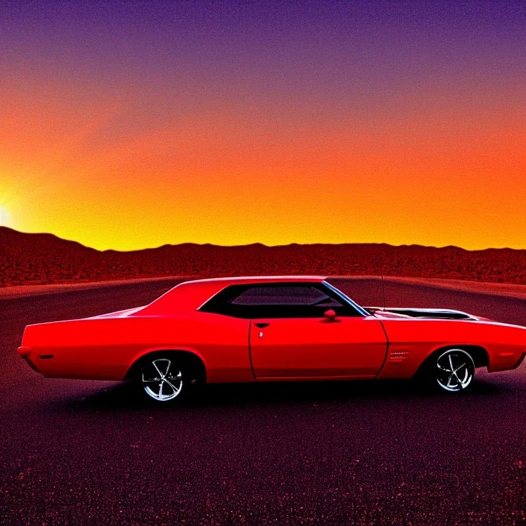 muscle car, desert road, sunset, full colour,