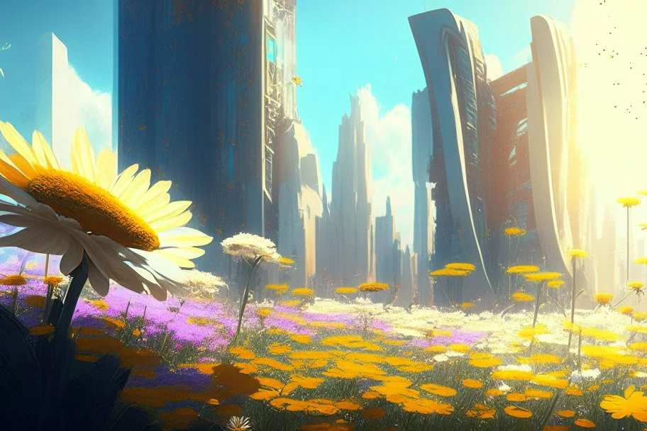 sunny day, flowers, epic, sci-fi, modern contemporary city