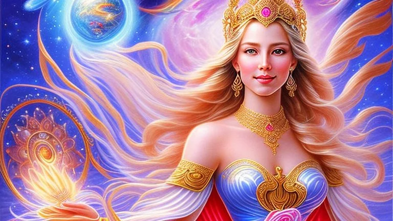 Create an image of a full body cosmic goddess with a smiling and beautiful face. the goddess should be depicted as a beautiful and powerful figure, surrounded by cosmic stars. her hair should be long, blond and flowing, and she should be dressed in a flowing gown blue celestial robe. in the background, include imagery of pink flowers, blue sky, trees. the image should evoke a sense of joy, celebration, and spiritual connection to nature.