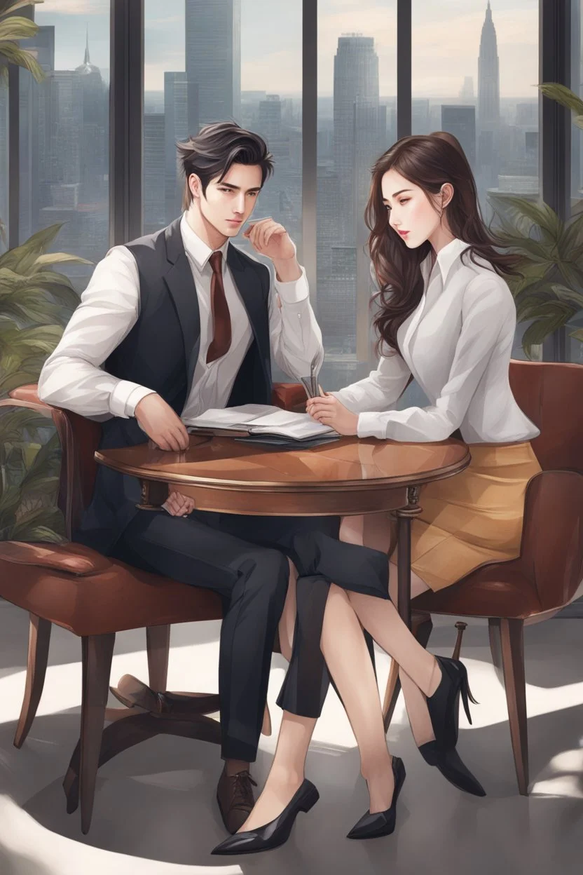 create a wattpad cover of a handsome boss and a beautiful secretary, hd, ultra realistic, aesthetic, manhwa style, the handsome boss sitting on the chair with table and besides the beautiful secretary