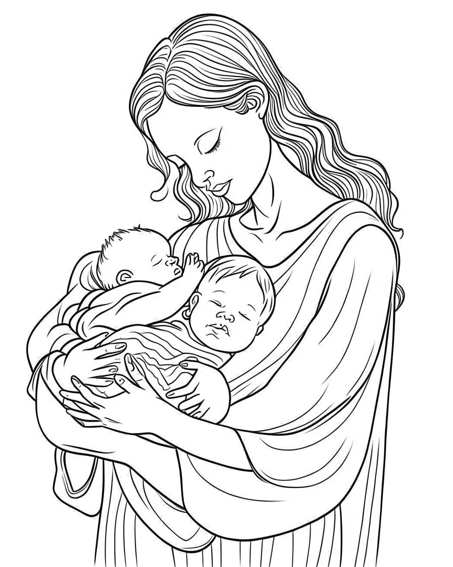 mother with her new born coloring page, full body (((((white background))))), only use an outline., real style, line art, white color, clean line art, white background, Sketch style