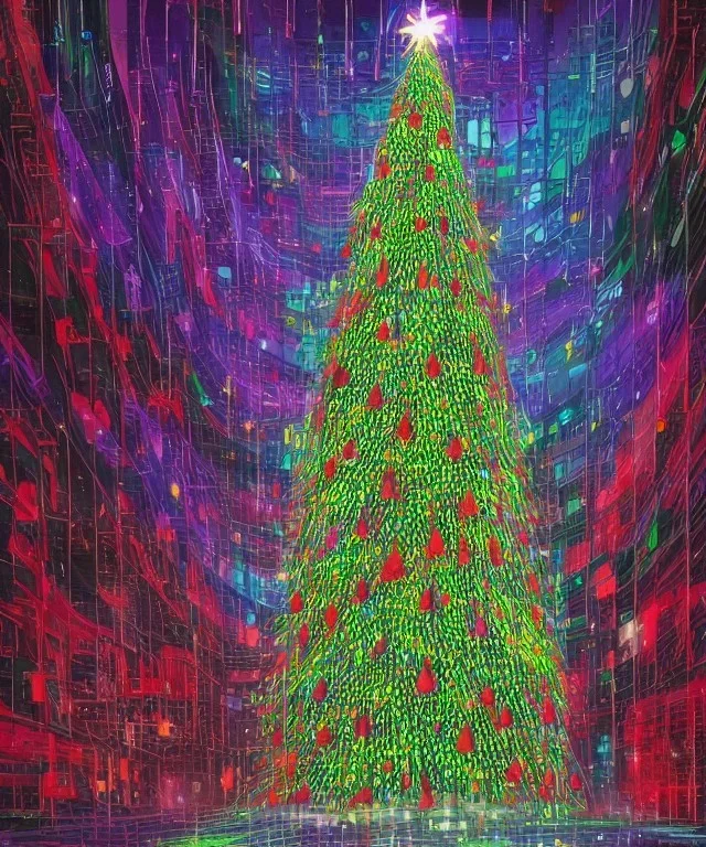 Painting of Christmas tree inside futuristic cyberpunk space ship matrix code