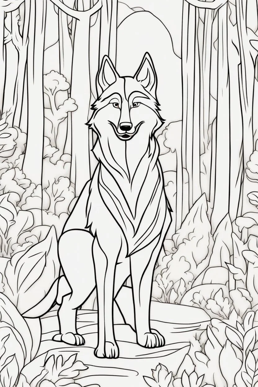 kids coloring page, wolf in a forest, cartoon style, thick lines, very low detail, no shading