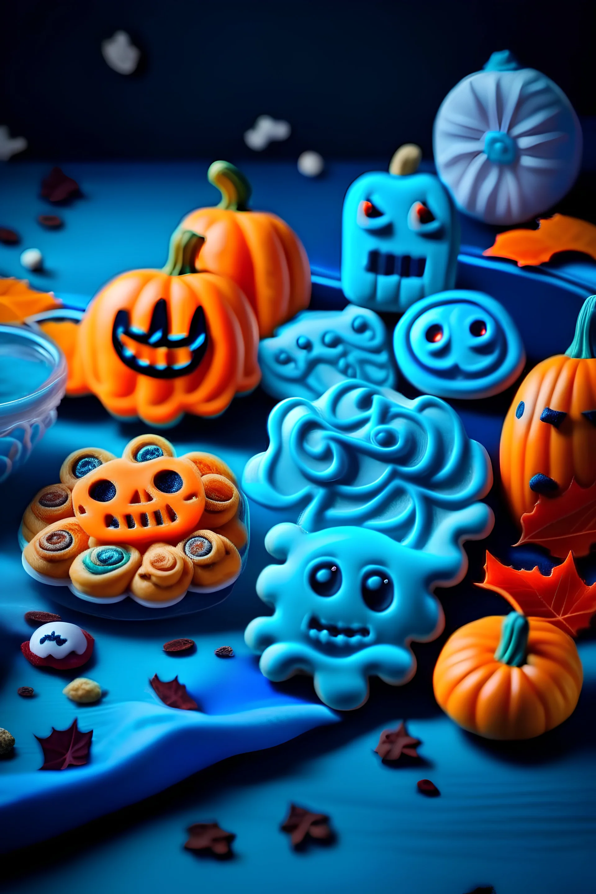 decorated halloween cookies on a blue table, jack-o-lanterns, cookies, spooky halloween fun, baking artwork, in a halloween style, trick or treat, spooky halloween theme, halloween celebration, halloween, candy decorations, halloween wallpaper with ghosts, pumpkins, istockphoto, jack - o'- lantern, gingerbread people, spooky halloween night, halloween theme, halloween atmosphere