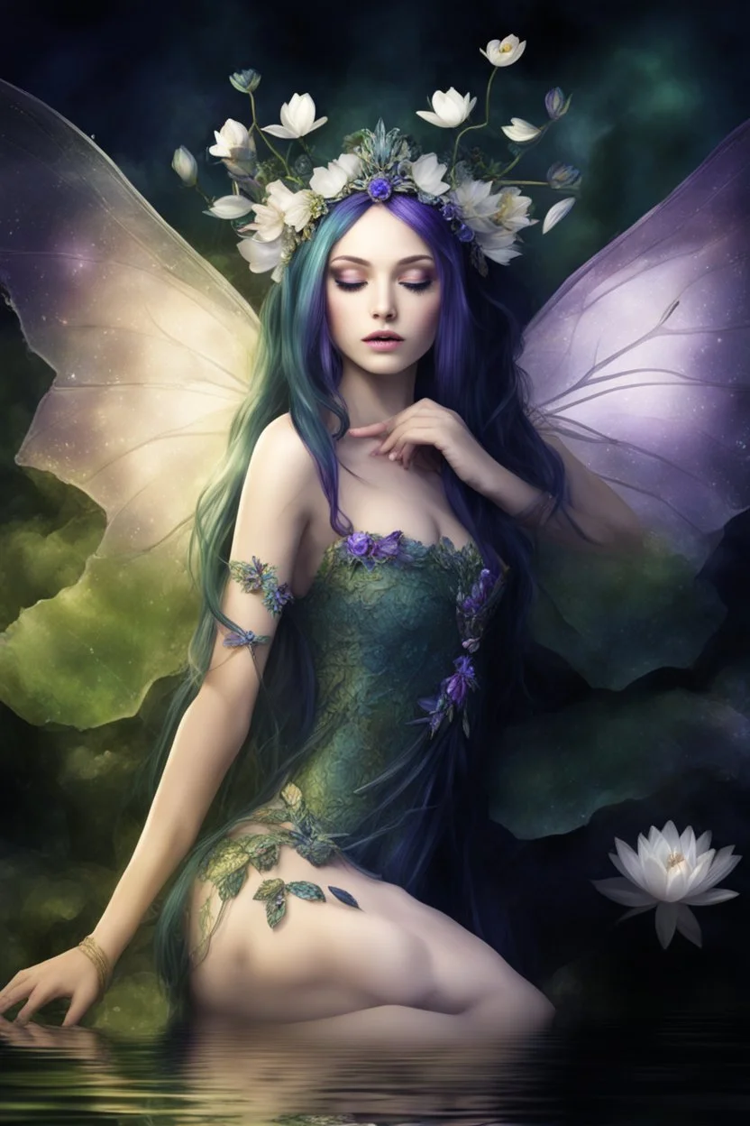 Dark green, tiara, purple hair, dark , fairy,nymph saphire, blue, emerald,rapunzel hair ,enchanted green,,purpleydragonfly,elven crown, gothic,water lilies, lotus,pond,amethyst