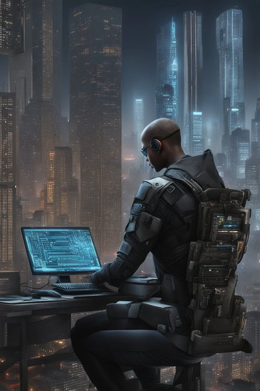 cyberpunk programmer black_Cat-human hybrid_Typing_on_computer_background binary codes, surrounded_by_mindent_3D_binary matrix codes and neutron mesh_etheral, Paranoid_sci-fi_in background_a_tall_cyberpunk_city, the cat hacker watchings monitor, Hyperrealistic texture, high detail, Sinister, cold dynamic lighting, dark-neon colors, Ultra_HD_intense_focus