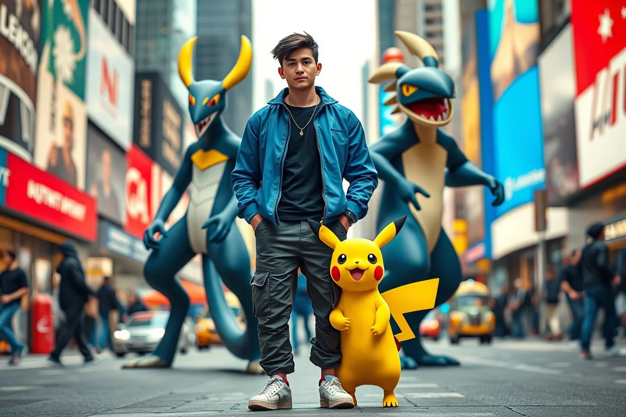 A cinematic street portrait of a confident young man standing in the middle of a busy city (like Times Square), surrounded by Pokémon characters. Behind him stands Mega Lucario and Mega Garchomp in protective stances, while Pikachu stands near his feet looking cheerful. The man wears a casual urban outfit — blue jacket, black shirt, cargo pants, and white sneakers. The scene has a vibrant yet realistic 3D aesthetic, with soft natural lighting, shallow depth of field, and dynamic city background