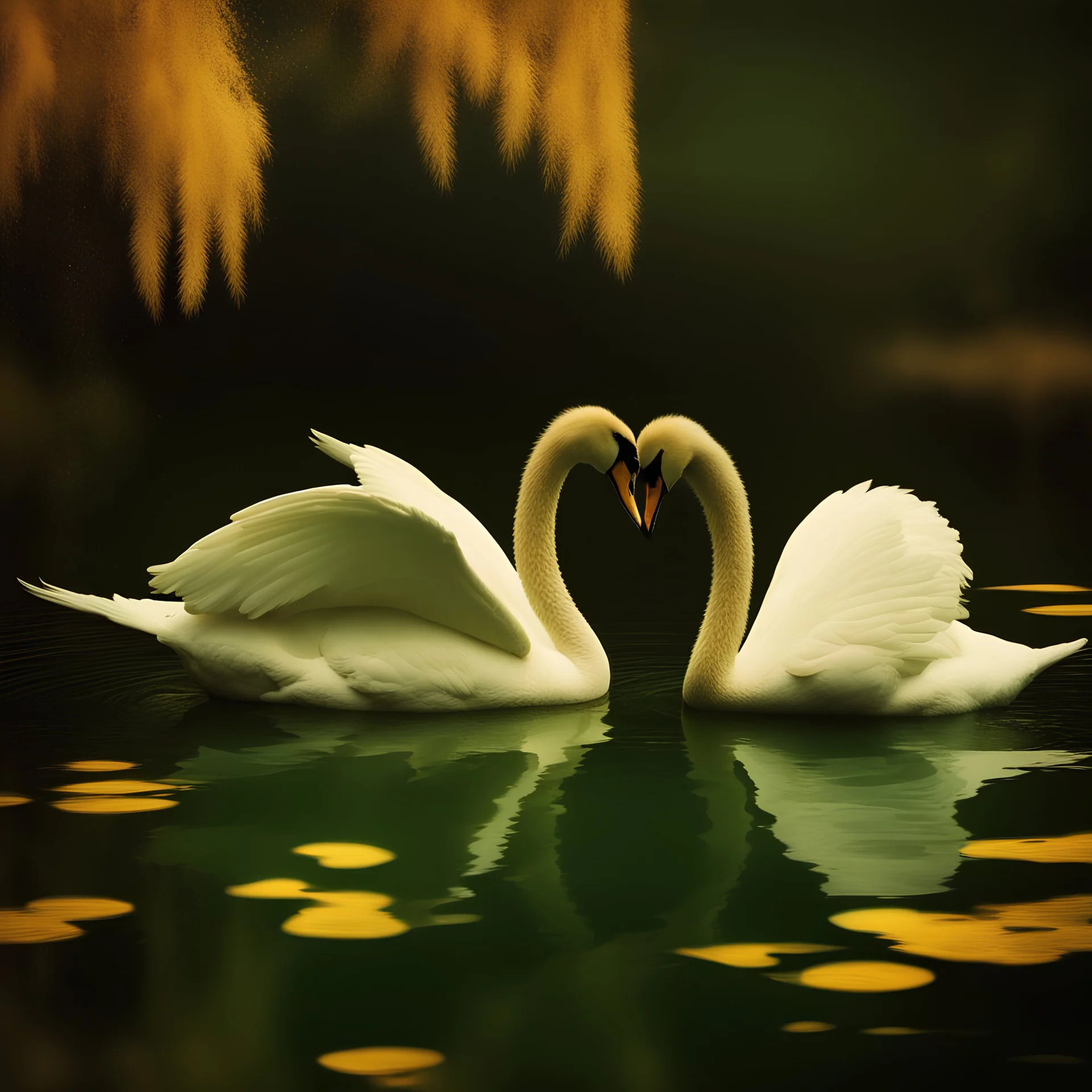 two swans in a romantic lake, dark green and warm yellow color, fantasy atmosphere, photo quality