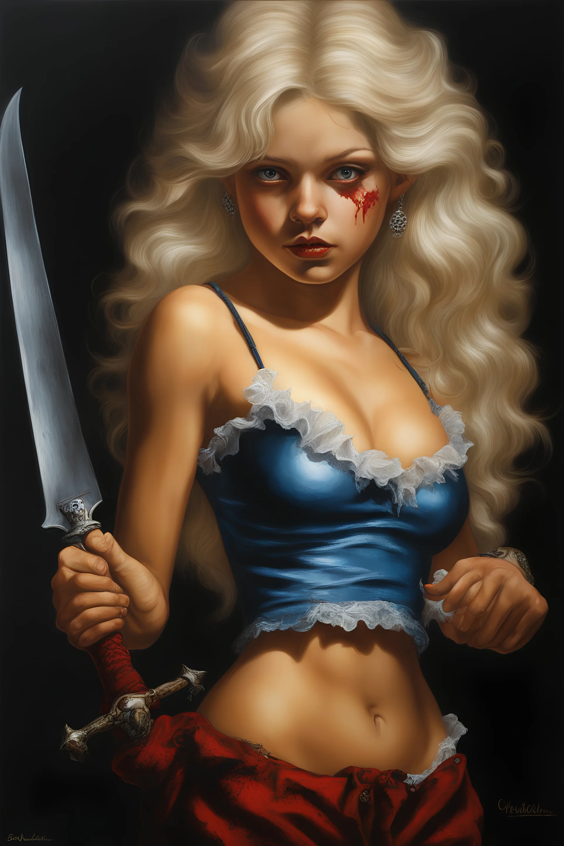 full body image, head to toe, chiaroscuro, deep shadows, rich deep colors, highly detailed portrait, Oil on Canvas by Boris Vallejo - The Evil, homicidal13-year-old Cinderella with Bleach-blonde hair holding a bloody cleaver - 4k UHD, Ultra-realistic, Hyper realistic, Photorealistic, Realistic, absolute Reality