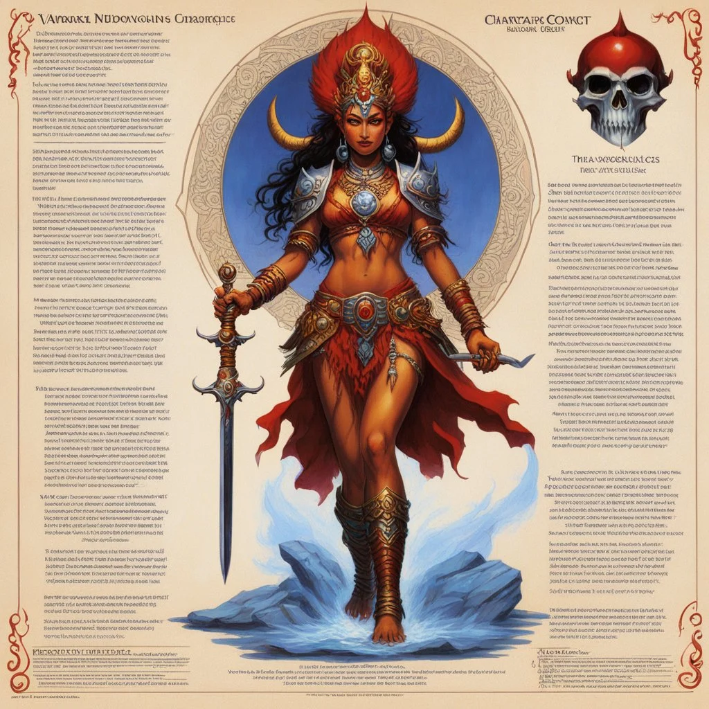 character concept sheet with AD&D statistics and characteristics, [illustration by Jeff Easley] the Vajrayogini playable deity class: a central female meditational deity, transcendence of ego and ignorance. Weapon: the kartika curved knife, artefact: a skull cup filled with blood. powers: cast emotions into awakening, and dissolution of ordinary identity