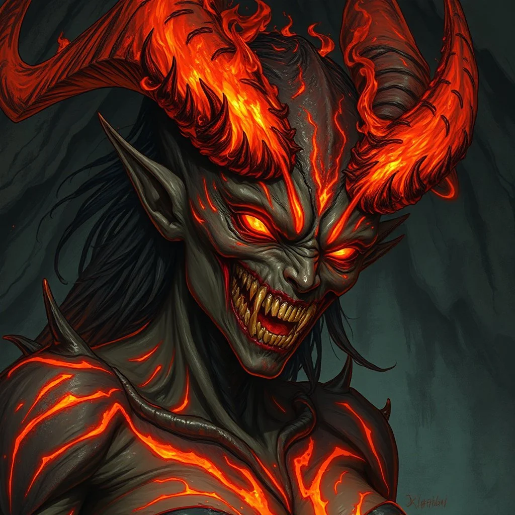 A female eldritch horror being, skin like obsidian with streaks of magma shining through, rows of sharp teeth, long flaming horns, greg rutkowski, anime, intricate details, cave setting