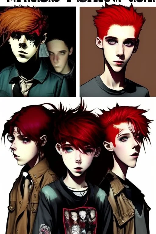 First plan: three 13-15-year-old detectives - two brothers with red hair. One is tall and skinny, second is a little chubby and a girl with a punk look, dark clouds and brown hair, strong make-up with the black cat. Second plan: a group of teenagers turned into computer-addicted zombies. Everything is located in an old town.