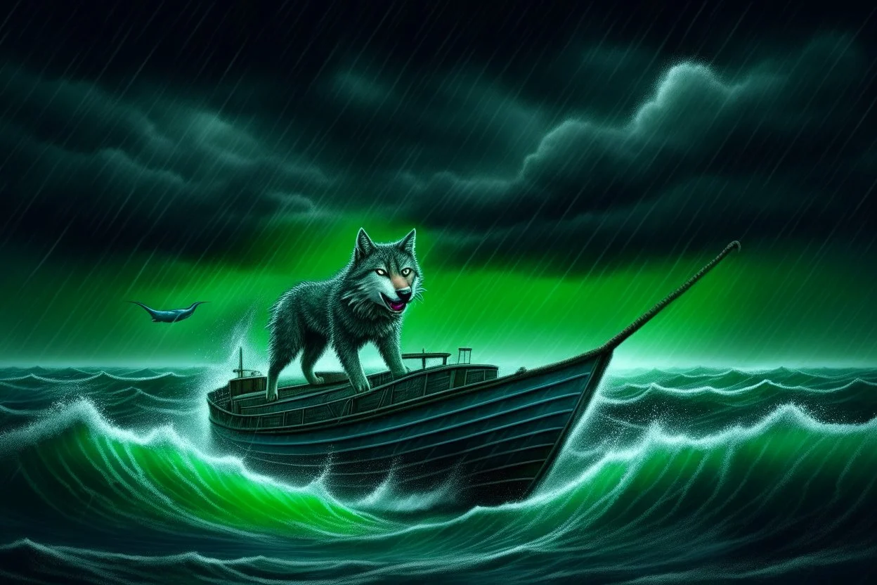 A giant lumbering grey wolf attacks a tiny boat in a stormy sea, a dark, ominous image, black, turquoise (a little closer to green) and white colours, rain, wind, lightning, dynamic, surreal. And a cat. Definitely a cat.