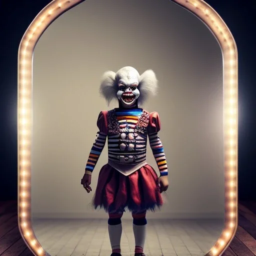 Full body portrait scary clown, dynamic pose,a little girl with him, an old mirror , detailed, realistic, cinematic, dramatic light 8k