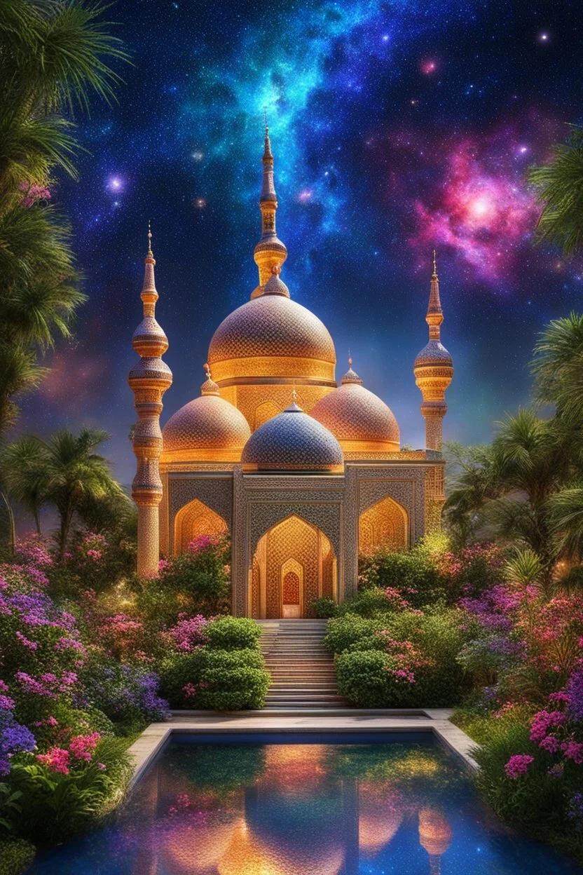 a islamic beautiful fairy garden, islamic mosque emerges, radiating vibrant luminescent hues against amazing magic cosmos. Its otherworldly form is a bright iridescent colours, that shimmer like precious gems and intricate patterns that seem to dance with life. The image captures every intricate detail of this vivacious picture, showcasing its celestial beauty in stunning high-definition