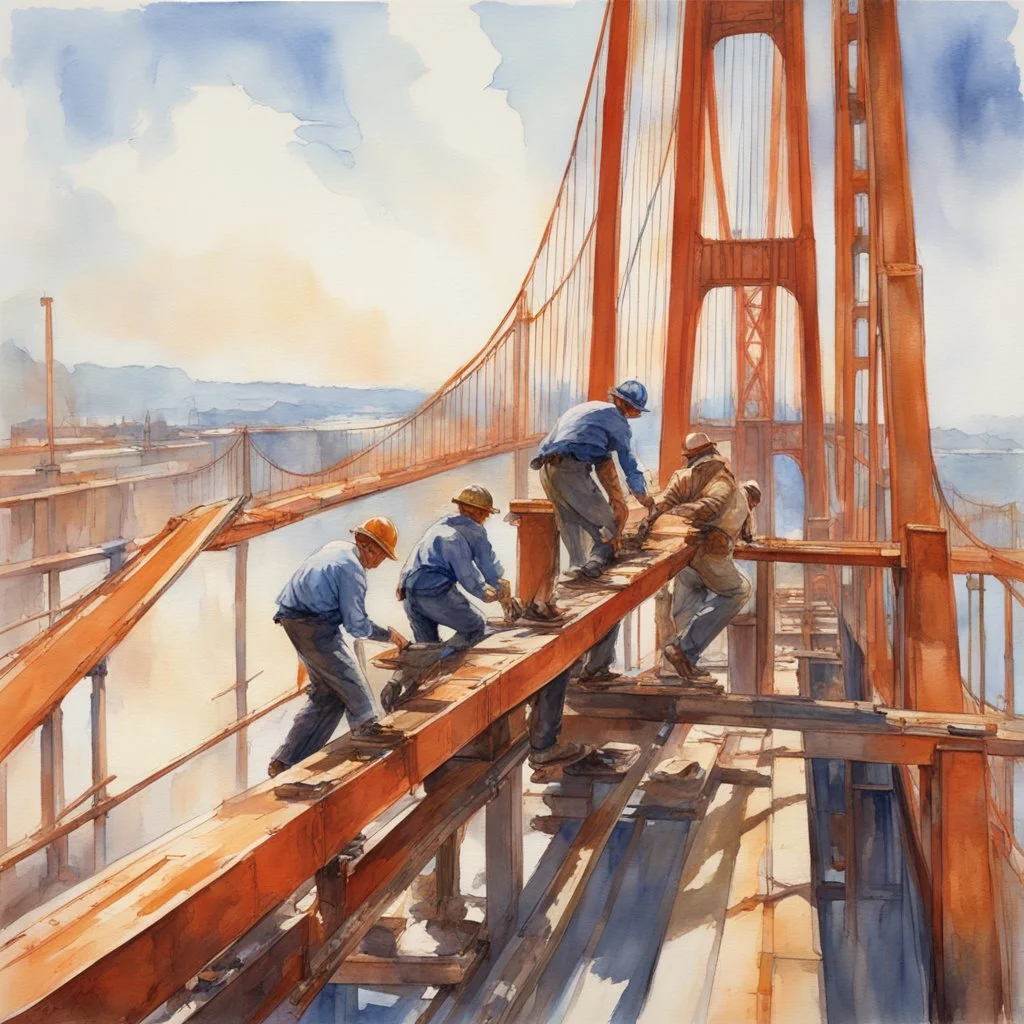 building the golden gate bridge featuring togetherness and teamwork, men on unfinished bridge Steel I beams doing work, detailed watercolor with fine brush strokes, artistic, impressionism, volumetric natural lighting, concept art, beautiful, scenic, by Norman Rockwell, trending on Midjourney