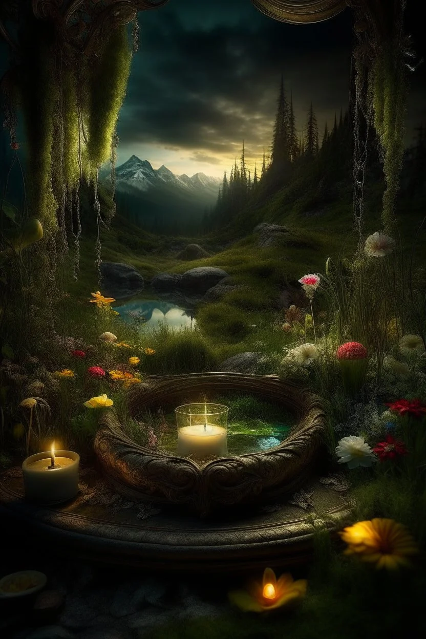 Hyperrealism against the background of a spring landscape in the forest +mirror with a tsunami whirlpool +mountains +ritual +candles+dried flowers+wildflowers+moss++decoupage of flowers+embroidery technique+braided beads+vine+moonlit night,fabulous landscape,surrealism,realism,naturalism,dot technique,microdetalization,high detail objects,digital illustration,volumetric clarity,dark fantasy,dark botanical, professional photo