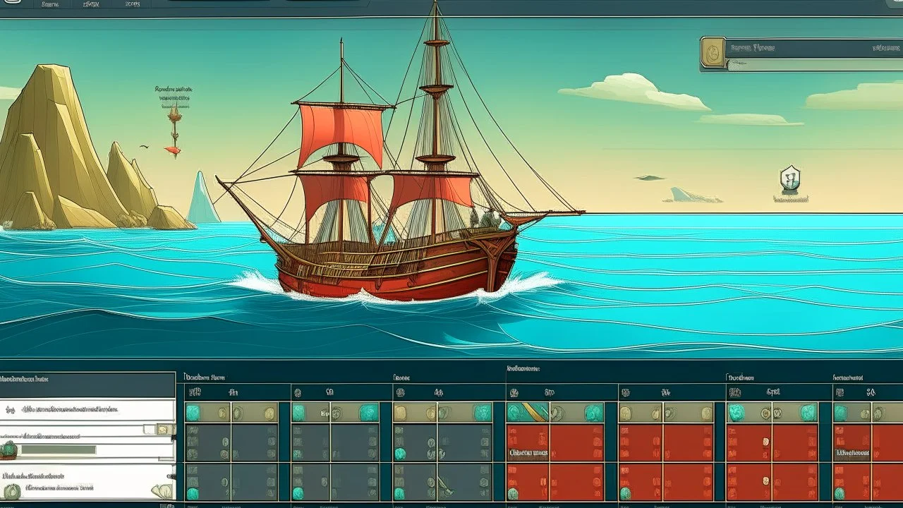 My apologies, I missed that detail about the specific controls. Here's an updated prompt for the AI image generator chatbox: **Game UI: Boat Sailing** * **Layout:** Split screen (top 3/4: game world, bottom 1/4: controls) * **Game World:** Stylized sailboat (single mast, billowing sail), ocean environment (waves, horizon), optional obstacles. Subtle wind direction indicator. * **Controls:** * Rudder Crank Wheel (large wooden wheel) * Two ropes on sail (Mainbrace): Left rope pulls (incr