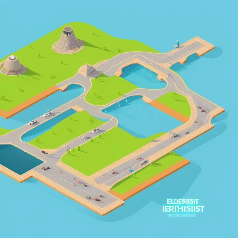 isometric architecture illustration flat design of a dam in the mountain with roads around and on it