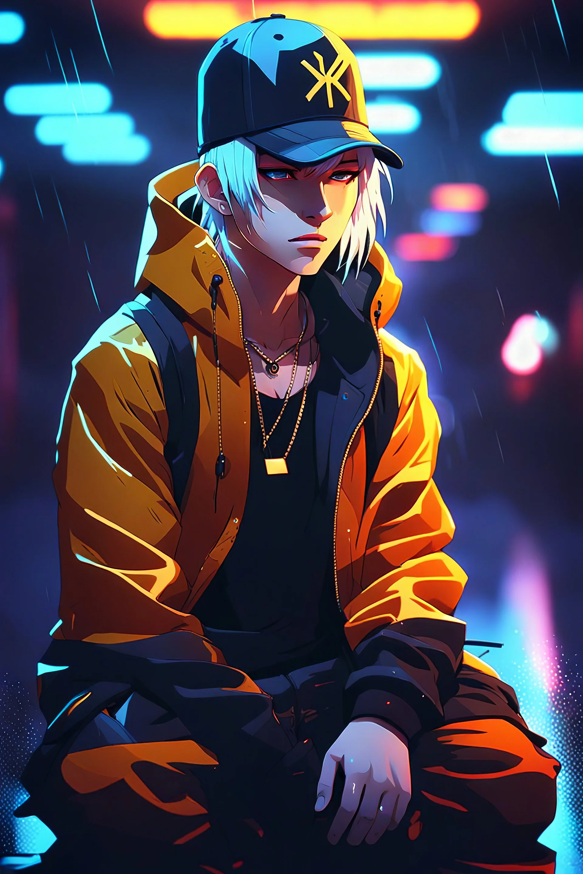 anime kiberpank boywith tattoos on his face, wearing a cap, dark background with foggy floor, raining, reflections, neon, golden chain, piercings, grey hair, standing in the center of the scene, high detail, dramatic lighting, dynamic pose, stylish attire, vibrant colors, character design by Ilya Kuvshinov, cinematic, 4k resolution