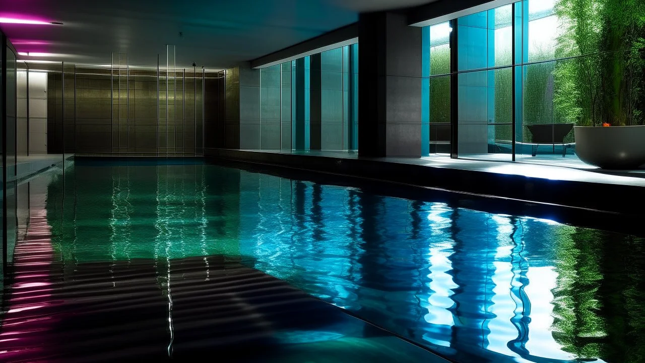 Indoor stainless‑steel pool, urban neon entering through a high window, liquid reflections shifting like coded signals.