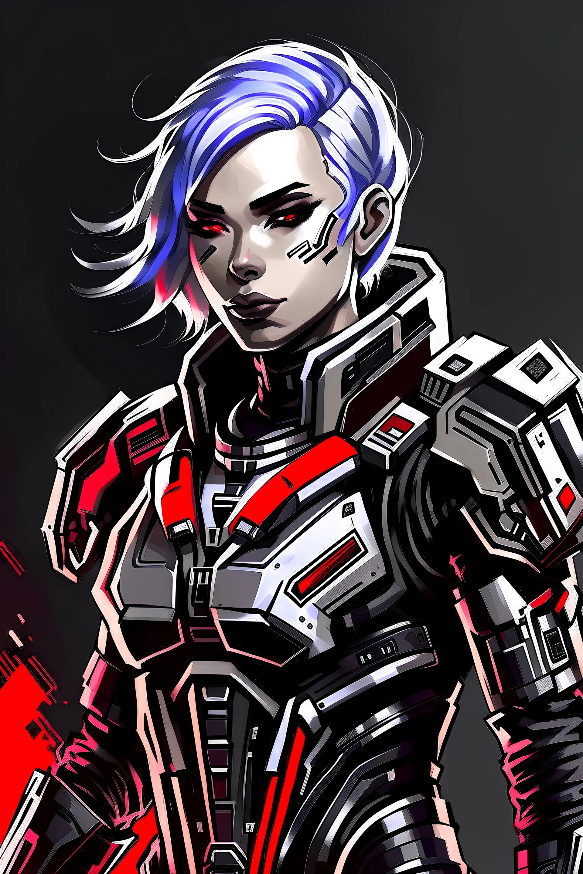 female, mass effect them, villain, white hair, red eyes, black and red armor, ultra quality, ultra detailed, high details, highly detailed, hard-edge style, full body, realism