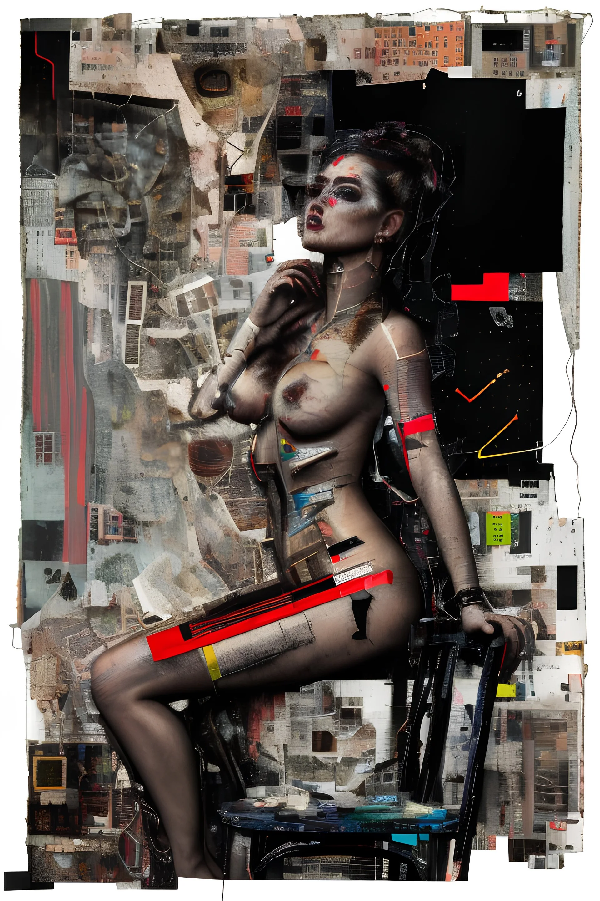 Ultra detailed medium portrait painting of a half naked woman sitting on a chair, no nudity, bended over, dark room with little light coming from an open door behind her, torn up collage of clippings, broken circuitry background, matrix effects, punk visual art, punk art aesthetic, graffiti art, pop surrealism, collage art, cluttered paint glitches