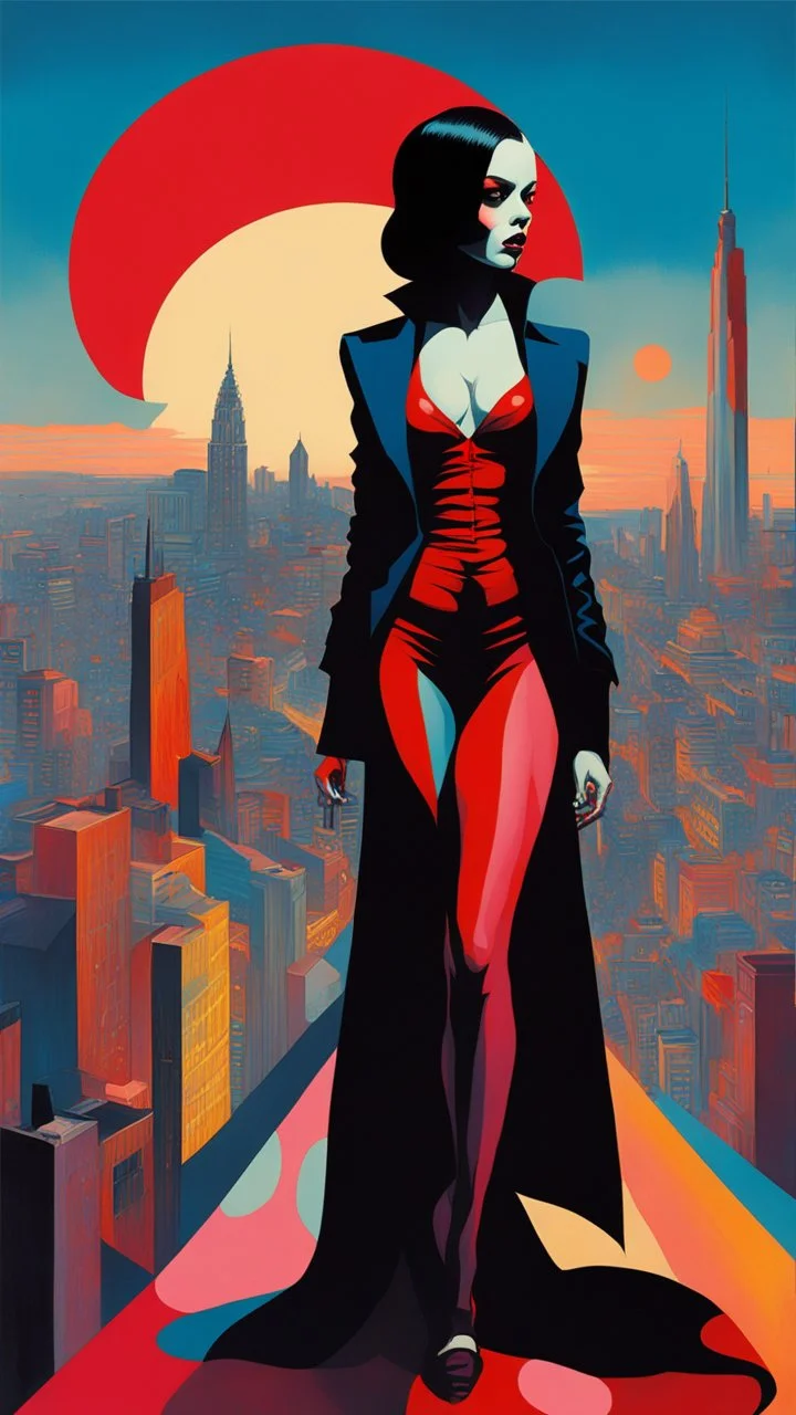 full body, stylized representation of a audacious vampire girl by Afarin Sajedi, her silhouette residing amidst bold, attention-grabbing abstract design that's defined by bursts of vibrant, highly saturated hues, juxtaposed against stark, surrealist landscapes or bustling colored cityscapes, vectors of strikingly dressed people indulging in eccentric poses, interspersed within alien, otherworldly