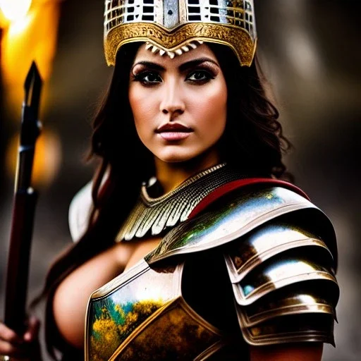 portrait oil on canvas of beautiful busty Female Warrior,ancient metal armor, cinematic composition, extreme detail,8k,fit full head inside picture,