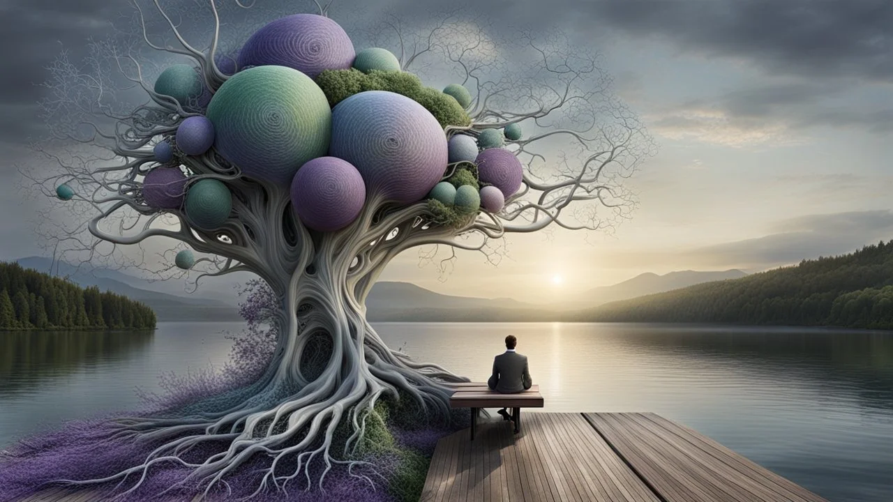 back to the camera on unique bench a figure sittings in a beautiful landscape and overlooking the water of the nearby lake, calm, harmonious atmosphere, muted dark colors, purple, white, gray, green, blue, brown, silver, and pale colors, ,not too colorful colors, Whimsical style and giant stunning neuron network all over the sky, half shadow and half light picture, surreal stunning vibe