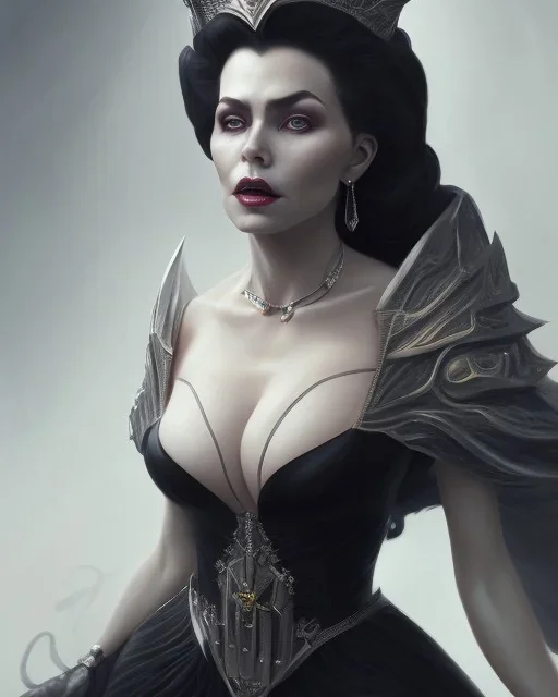 old evil queen in black leather gown, femme fatale, volouptous, busty, cleavage, angry, emperious, 8k resolution concept art portrait by Greg Rutkowski,