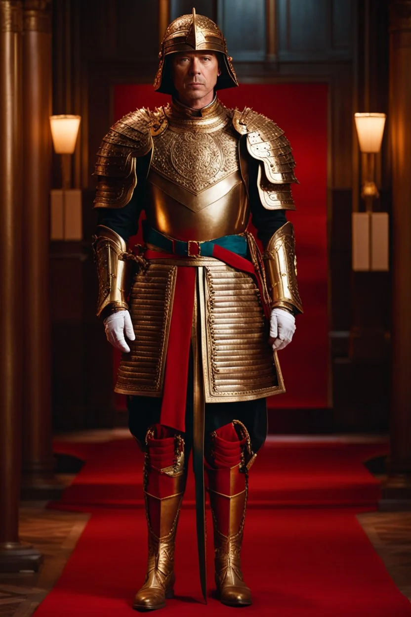 Modern, 2020s, detailed cinematic shot from, realistic cinematic scene, Aidan Gillen, Ceremonial Armor, full body shot of showing detailed intricate work, shot in the style of wes anderson and stephen king, oscar winning photography, striking image captures, meticulous attention, stunning costume design