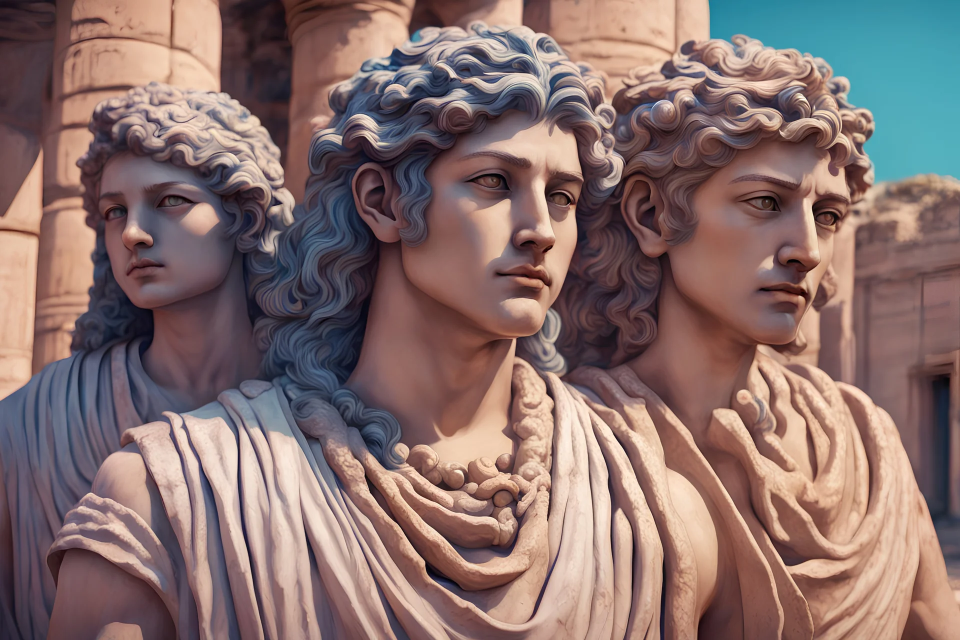 very vaporwave anime style beautiful look and feel real like lifelike ancient classical look and feel portrait of a very almost lifelike very mediterranean italian looking Ancient Etruscan men and women brought to life based om ancient Etruscam art and sculptures looking alive full of life colore realistic