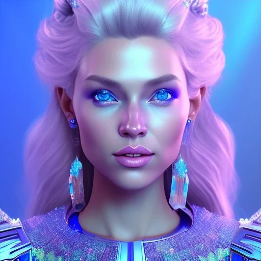 A portrait of a full body crystalised blue pink queen,smiling face, blue eyes, long blond hair, atmospheric, realistic, unreal engine, lighting