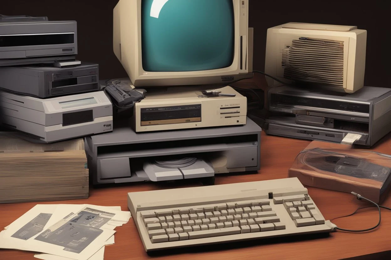 retro tech on a desk, Magneto-optical disk, floppy disk, Hard disks, ram, VHS, Retro pc, slight watercolor, no humans