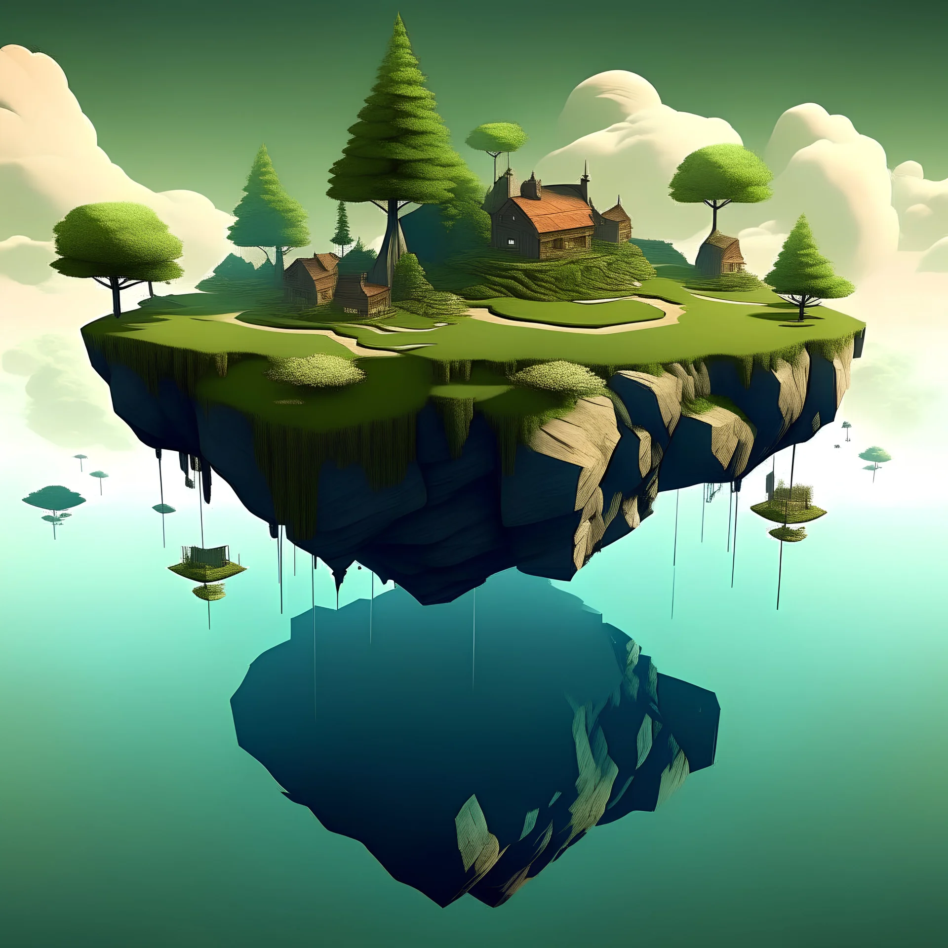 Generate landscapes with surreal elements like floating islands, upside-down buildings, or distorted perspectives.