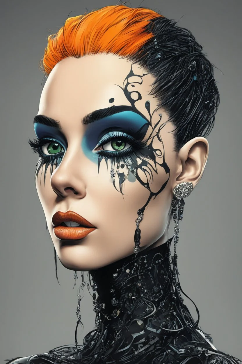 Create a wild, imaginative, goth punk girl with highly detailed facial features, in the vector graphic style of Nirak1,Christopher Lee, and Cristiano Siqueira, utilizing simple shapes , vibrant colors, 3d vector