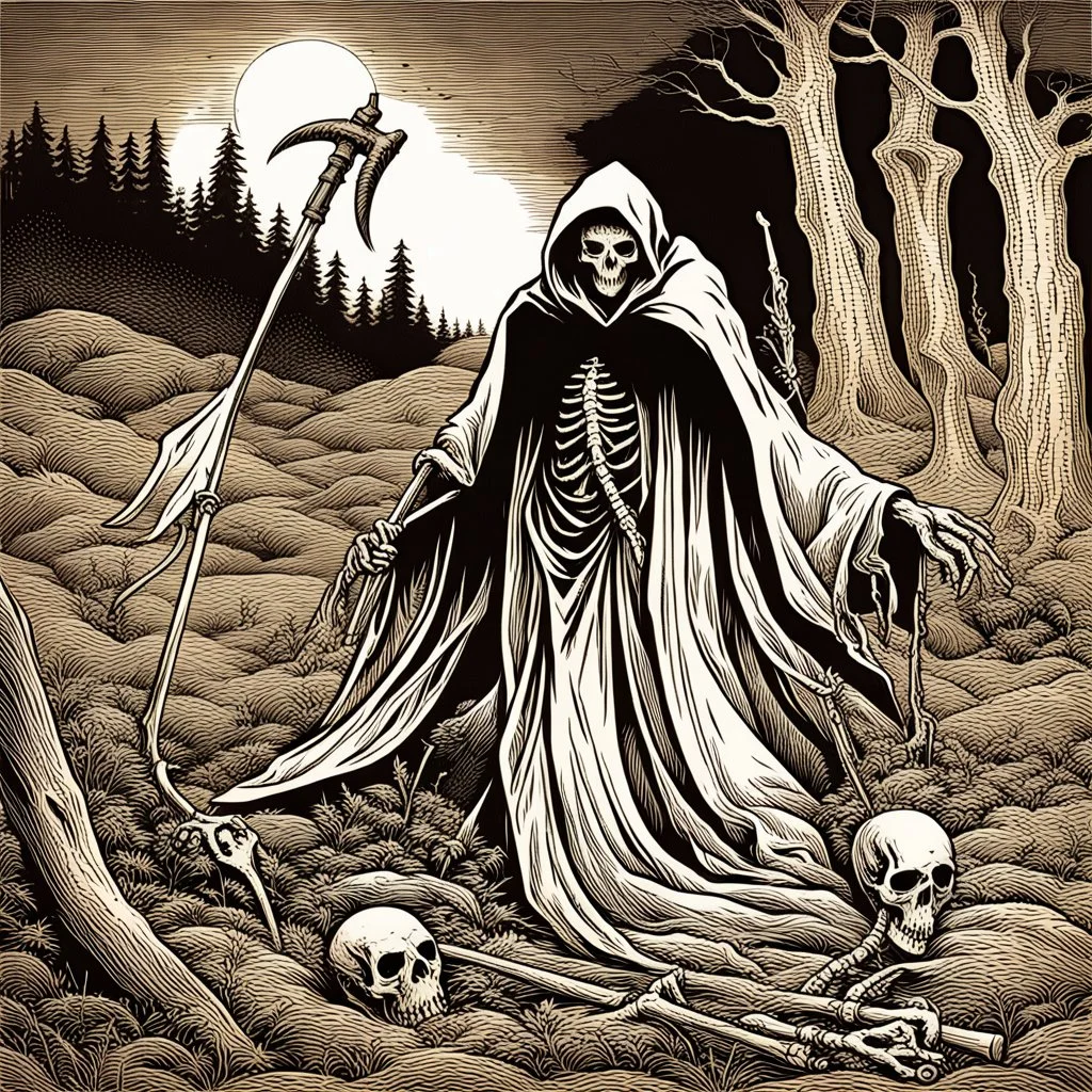 Death is frequently imagined as a personified force. In some mythologies, a character known as the Grim Reaper (usually depicted as a berobed skeleton wielding a scythe) causes the victim's death by coming to collect that person's soul. Other beliefs hold that the spectre of death is only a psychopomp, a benevolent figure who serves to gently sever the last ties between the soul and the body, and to guide the deceased to the afterlife, without having any control over when or how the victim dies.