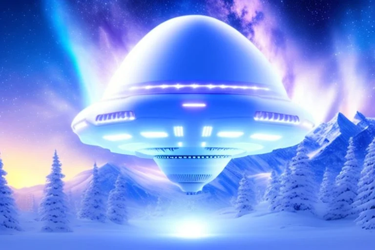 white spaceship ufo with light in the below. the landscape is a fairy colourfull forest with snow sweety mountains. the sky is blu with stars and brightness beam