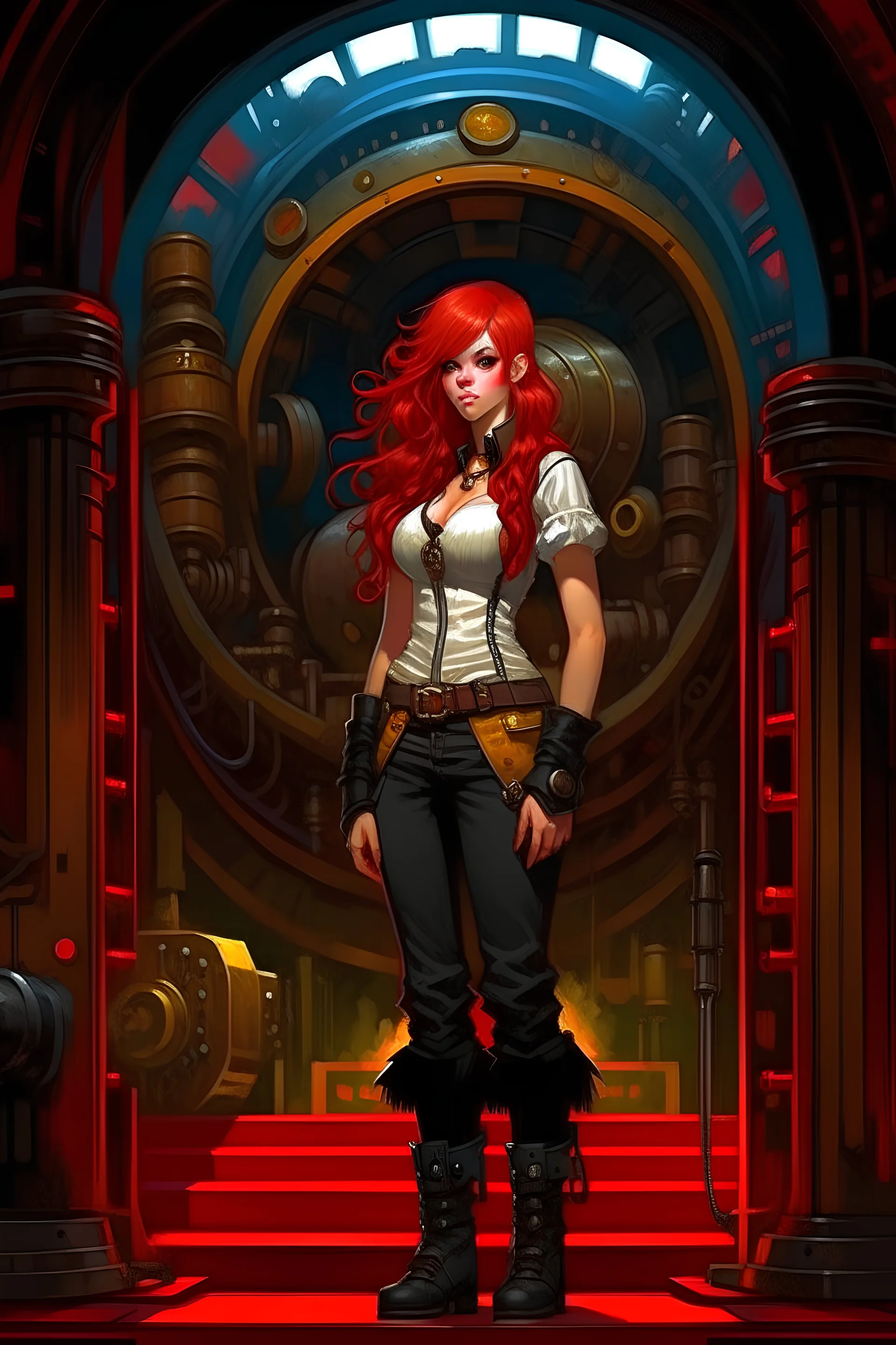 full body and headshot of a skinny young woman, with long straight red hair, standing in a steampunk setting, Frank Franzetta