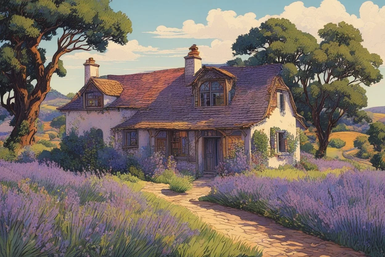 museum quality color woodcut landscape of a fanciful 1920's ramshackle French country cottage nestled amidst the lavender fields of Provence, on a blissful summer morning, in the style of Gustave Baumann, with a fine art aesthetic, highly detailed, finely cut ,8k render, soft early summer colors