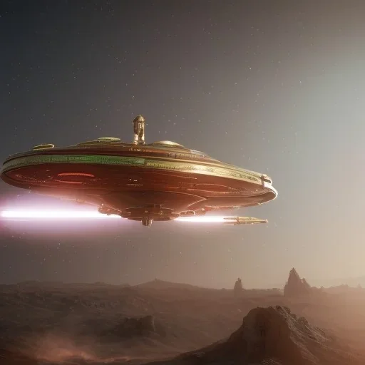 huge ornate spaceship made of brass flying through space, star trek