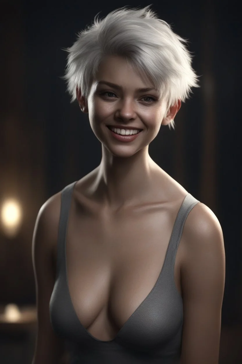 Werewolf, Chiaroscuro lighting, deep shadows, rich deep colors, masterpiece, full body portraits, 8K Ultra-HD, Hyper Realistic, Photorealistic, Realistic, focused, Clear, Extremely Detailed, beautiful, Cinematic, proportionate, full color, an image of a smiling young female Werewolf with short, pixie-cut bleached white hair, tapered on the sides, wearing a pair of blue round lensed glasses, big, gold hoop earrings, big happy smile, a foggy, cloudy blue background