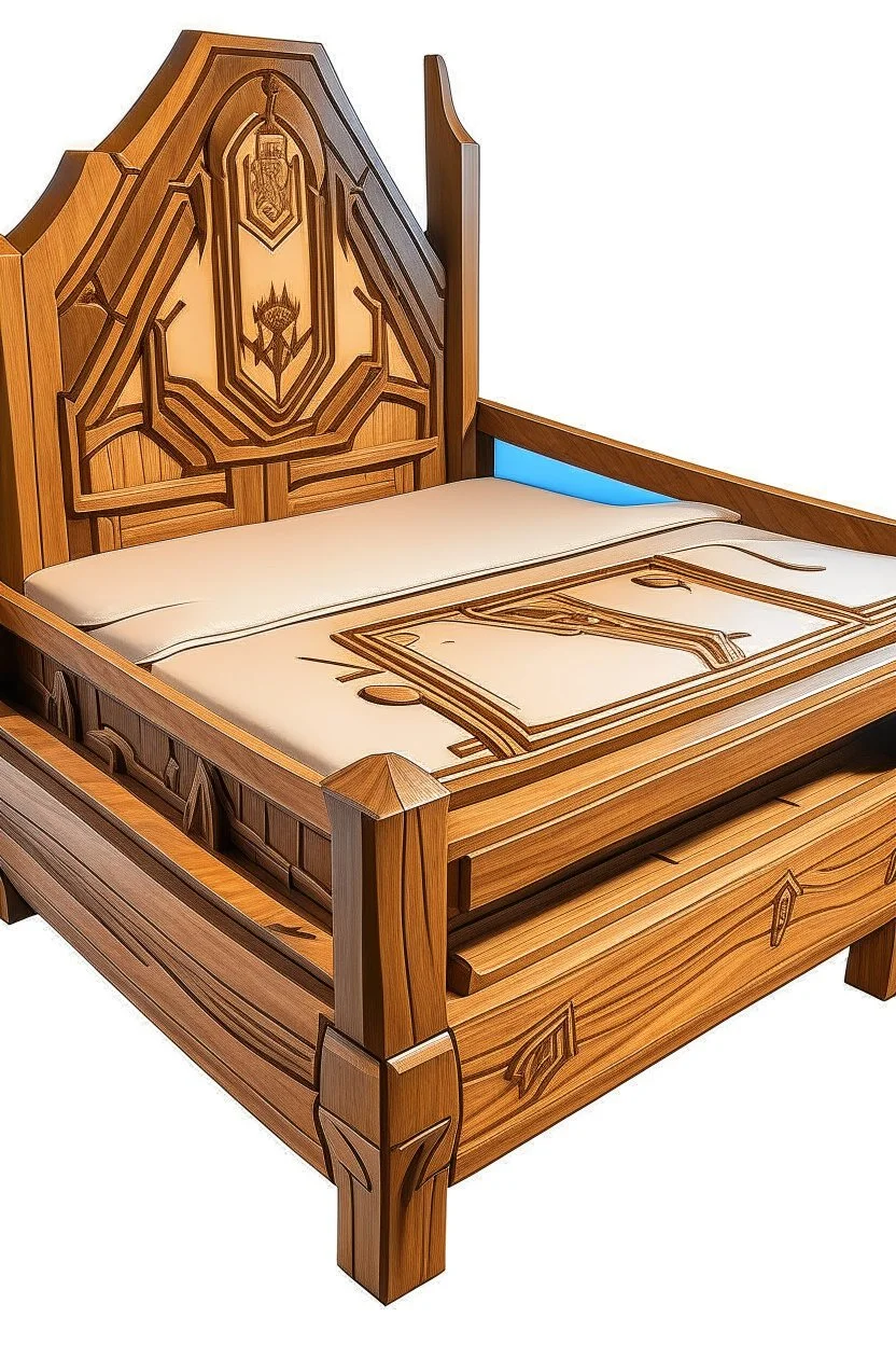 a wooden bed with a fortnite theme carved into it, no background