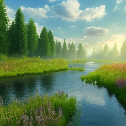 landscape 8k ultra realistic, beautiful, grass meadow with river, in a pastel style, sirene