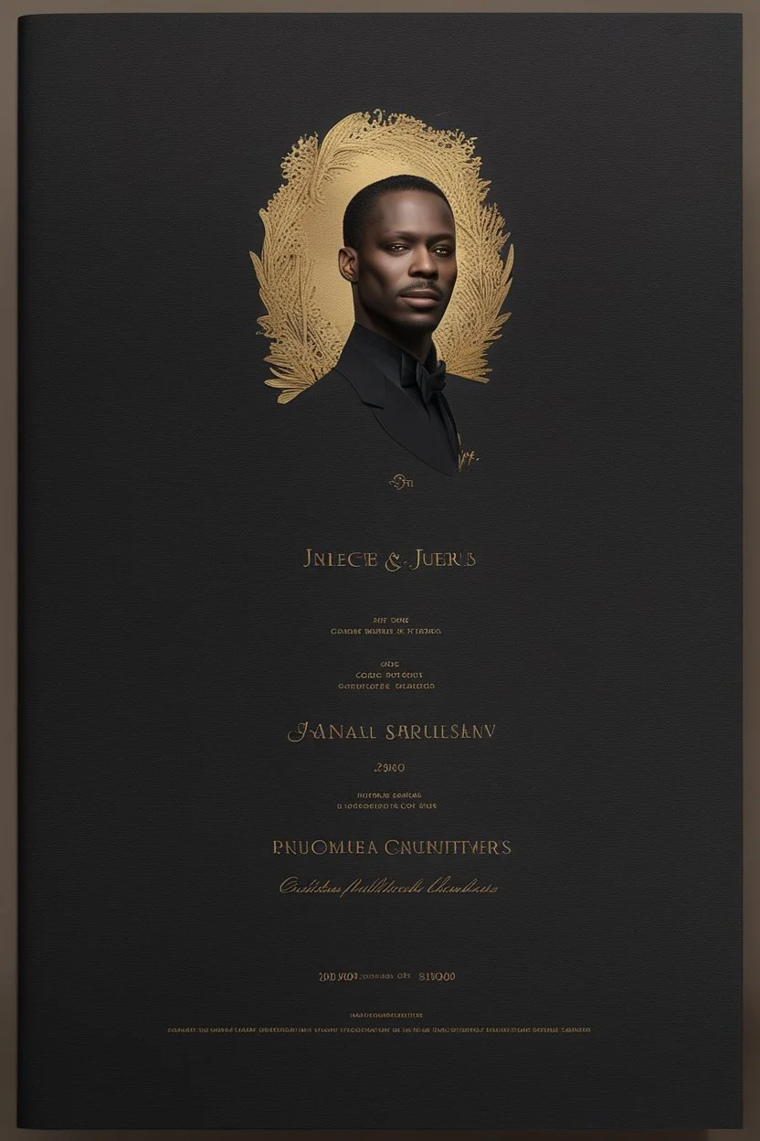 An extremely formal, funeral program for a black man on darkest bronze deeply pigmented velvet paper with brilliant, brightest heavy golden fonts, simple, minimalistic, less element, very dramatic lighting