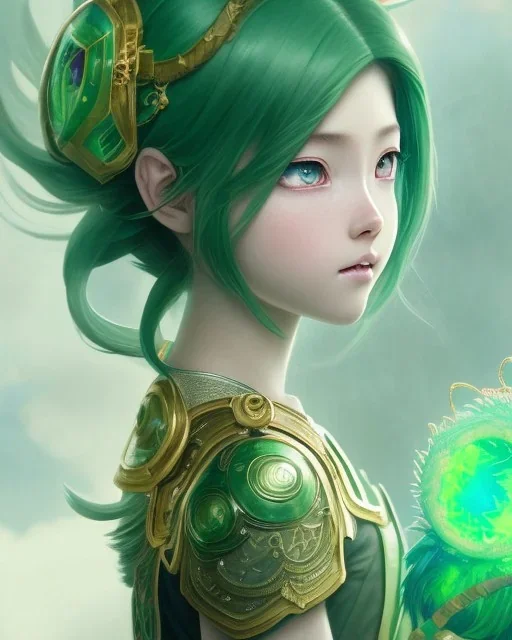 Detailed anime children girl, green hair, green dragon scale armour, intricate details, full body portrait, keep head in frame, slight smile, black Japanese motif, concept art, highly detailed, digital painting, concept art, sharp focus, illustration, art by Yoji Shinkawa, WLOP and greg rutkowski and alphonse mucha and artgerm and yanjun Chen and Junji ito and Makoto Shinkai, HDR, octane render