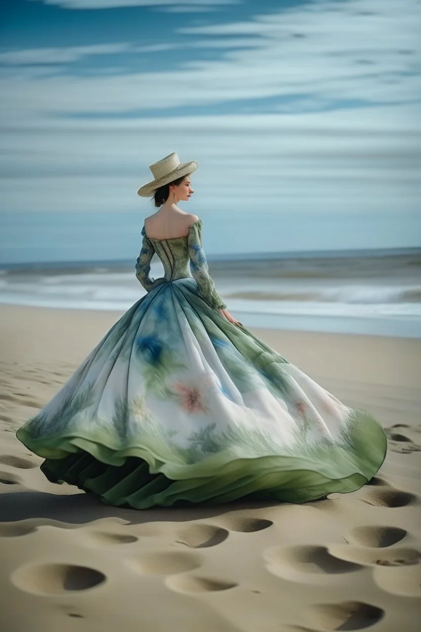 woman wearing a ball gown on the beach in the style of monet